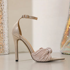 Design Knot Pleated Silk Stiletto Sandals Elegant Pointed Open Toe Pink High Heel