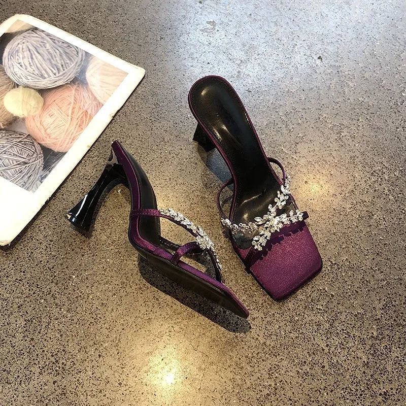 Designer Square Toe Rhinestone Decorated Sandals High Heel