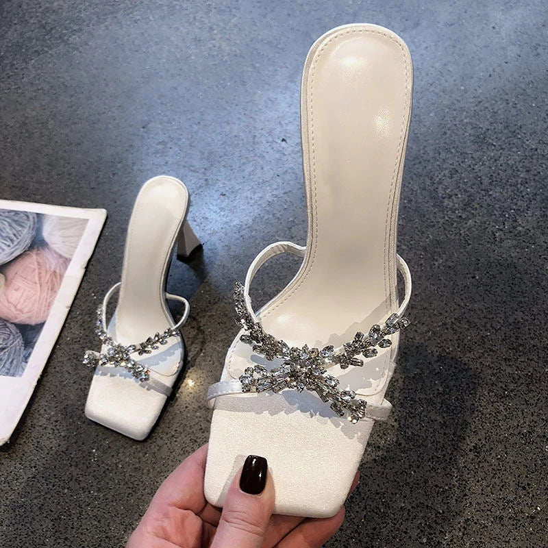Designer Square Toe Rhinestone Decorated Sandals High Heel