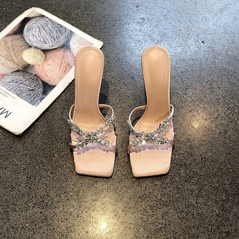 Designer Square Toe Rhinestone Decorated Sandals High Heel
