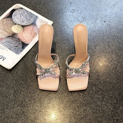 Designer Square Toe Rhinestone Decorated Sandals High Heel