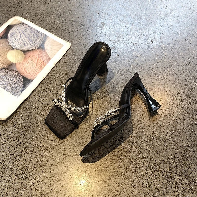 Designer Square Toe Rhinestone Decorated Sandals High Heel