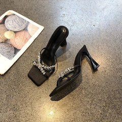 Designer Square Toe Rhinestone Decorated Sandals High Heel