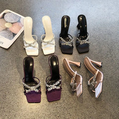 Designer Square Toe Rhinestone Decorated Sandals High Heel