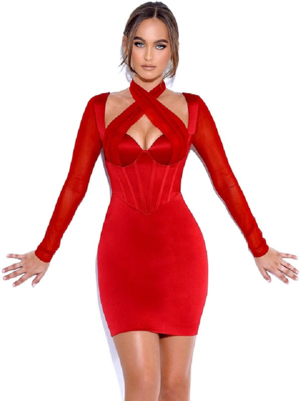Elegant Long Sleeve Mesh Hot Club Dress