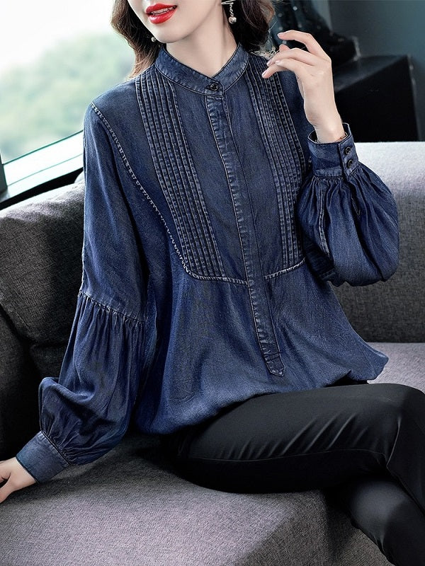 Denim Shirts Full Blouses Tops Single Breasted