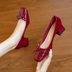 Leather Pumps Square Toe High Thick Heel