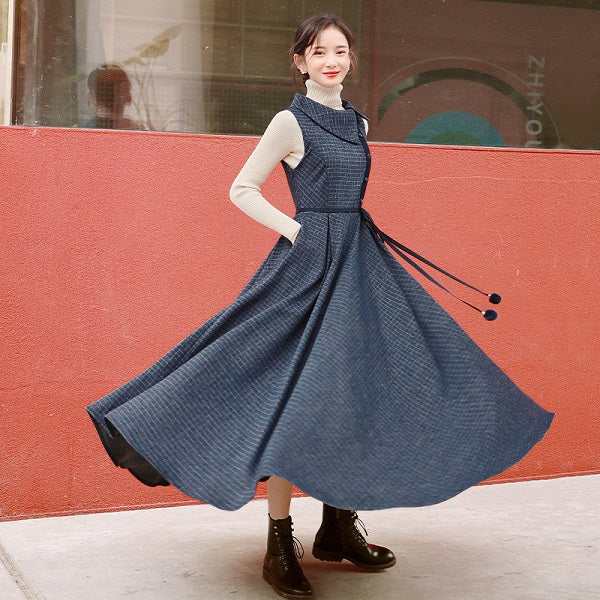 Woolen Plaid A-line Big Hem Maxi Dresses