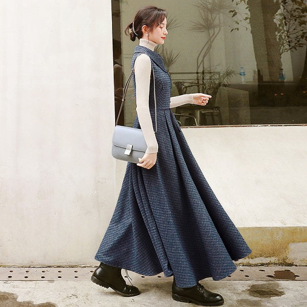 Woolen Plaid A-line Big Hem Maxi Dresses