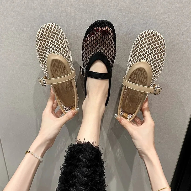 Fishnet Ballet Flats Chic Brand Design Hollow Out Lace Mary Jane Shoes