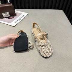 Fishnet Ballet Flats Chic Brand Design Hollow Out Lace Mary Jane Shoes