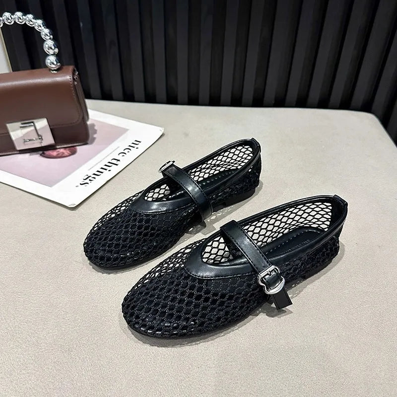 Fishnet Ballet Flats Chic Brand Design Hollow Out Lace Mary Jane Shoes