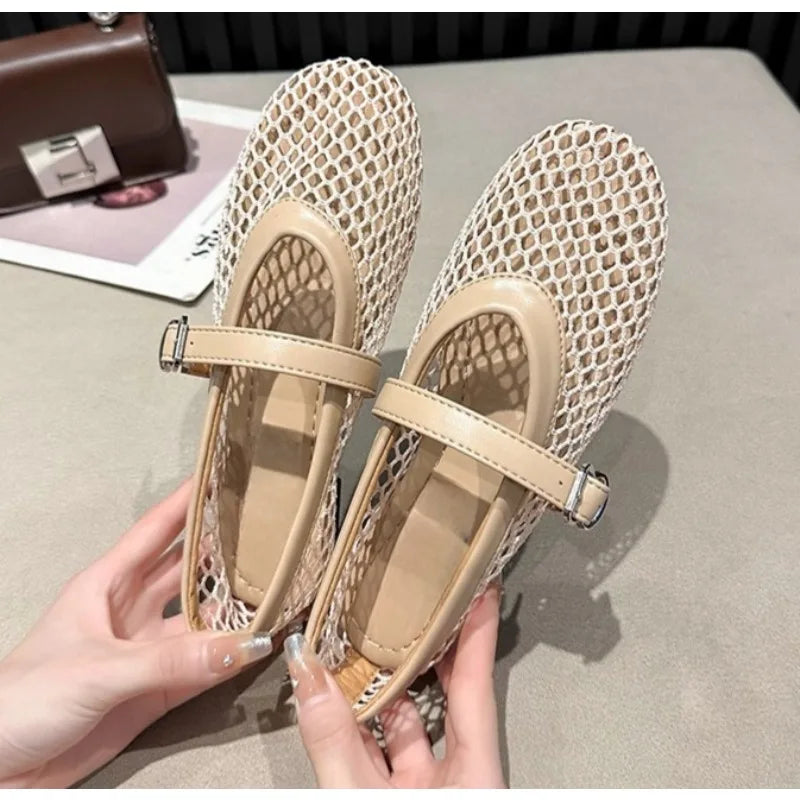 Fishnet Ballet Flats Chic Brand Design Hollow Out Lace Mary Jane Shoes