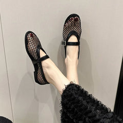 Fishnet Ballet Flats Chic Brand Design Hollow Out Lace Mary Jane Shoes