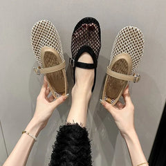 Fishnet Ballet Flats Chic Brand Design Hollow Out Lace Mary Jane Shoes