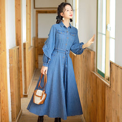 Long Lantern Sleeve Jeans Dress With Belt Single Breasted