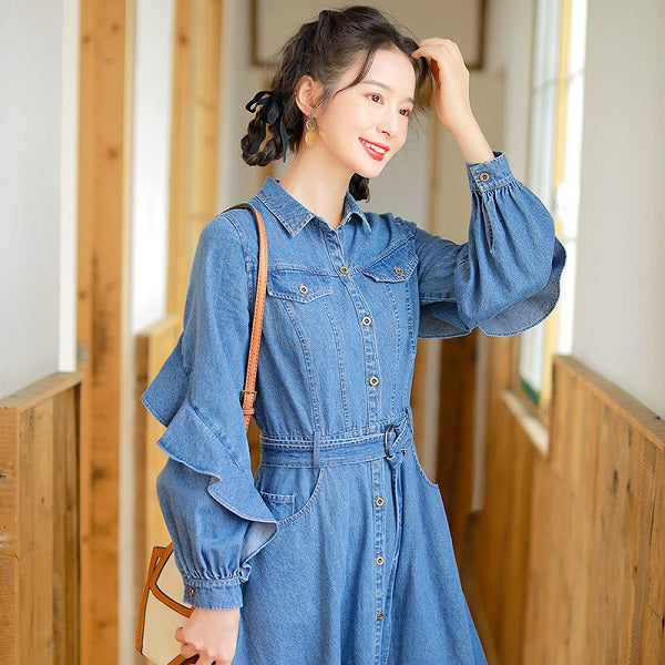 Long Lantern Sleeve Jeans Dress With Belt Single Breasted