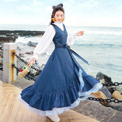 Long Maxi Denim Dress With Belt Patchwork Plaid