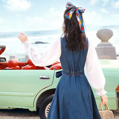 Long Maxi Denim Dress With Belt Patchwork Plaid