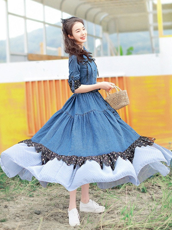 Long Maxi Denim With Belt Single Breasted Patchwork