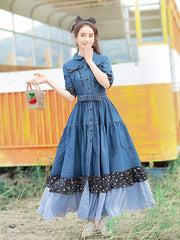 Long Maxi Denim With Belt Single Breasted Patchwork