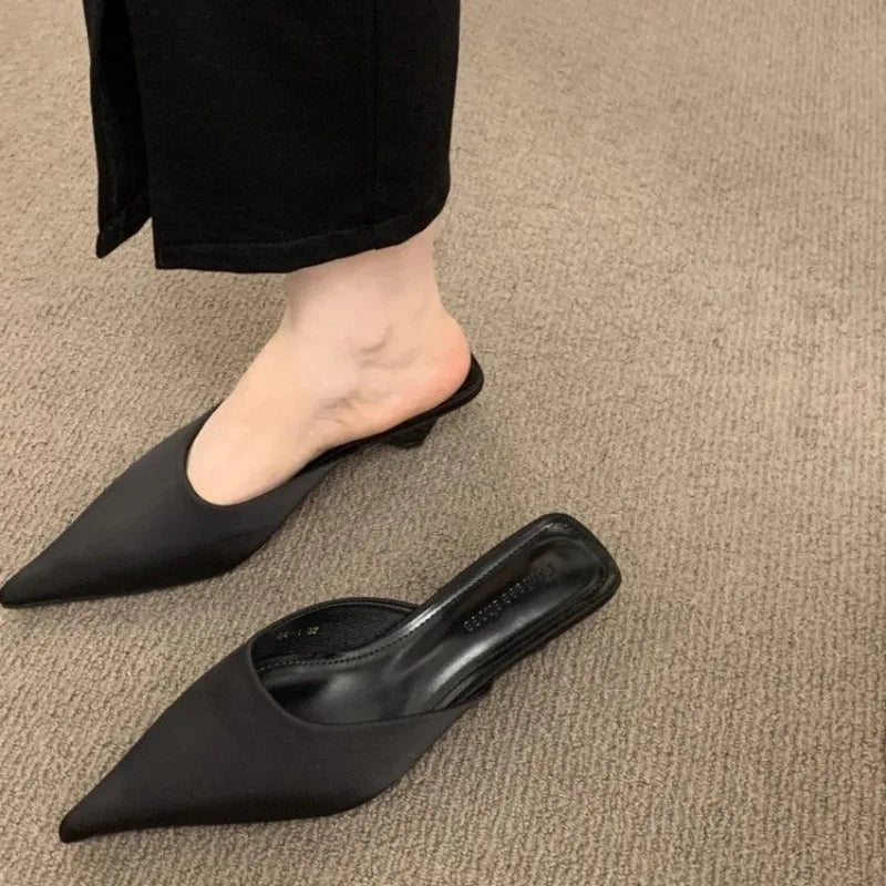 Luxury Pointed Toe Mules Slipper Candy Color Ladies Elegant Dress Sandal Square Low Heel