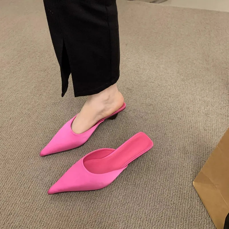 Luxury Pointed Toe Mules Slipper Candy Color Ladies Elegant Dress Sandal Square Low Heel