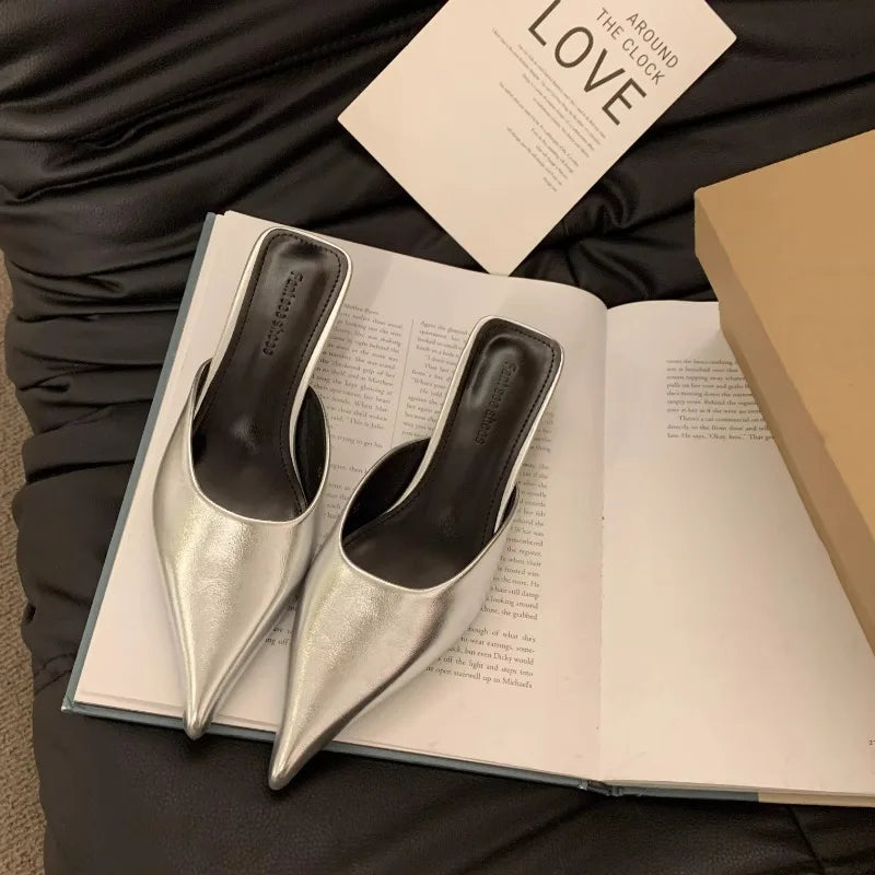 Luxury Pointed Toe Mules Slipper Candy Color Ladies Elegant Dress Sandal Square Low Heel