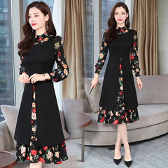 Vintage Print Chiffon Long Sleeve Casual Bodycon Elegant Party Midi Dress