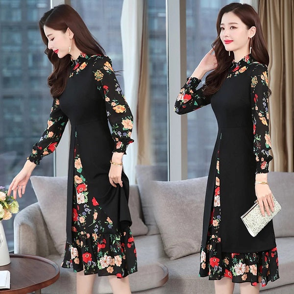 Vintage Print Chiffon Long Sleeve Casual Bodycon Elegant Party Midi Dress