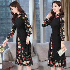 Vintage Print Chiffon Long Sleeve Casual Bodycon Elegant Party Midi Dress
