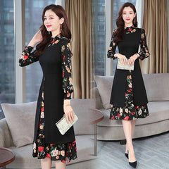 Vintage Print Chiffon Long Sleeve Casual Bodycon Elegant Party Midi Dress