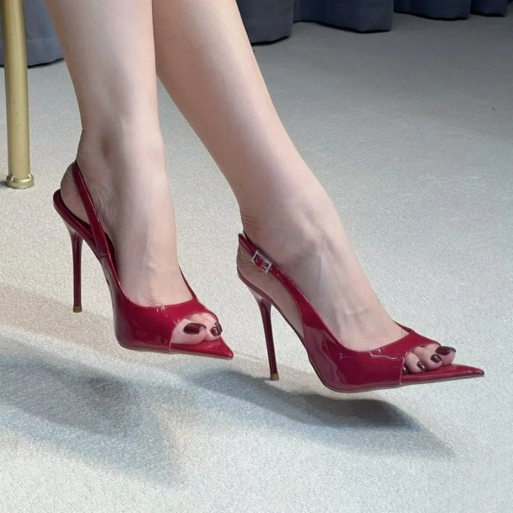Red Patent Leather Glossy Stiletto Sandals Show Temperament Open-toe High-heeled Fish-mouth Shoes