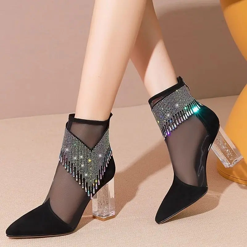 Rubber Soled Dance Boots Spring Pointy Rhine-diamond Tassel High Heel