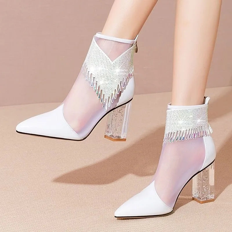 Rubber Soled Dance Boots Spring Pointy Rhine-diamond Tassel High Heel