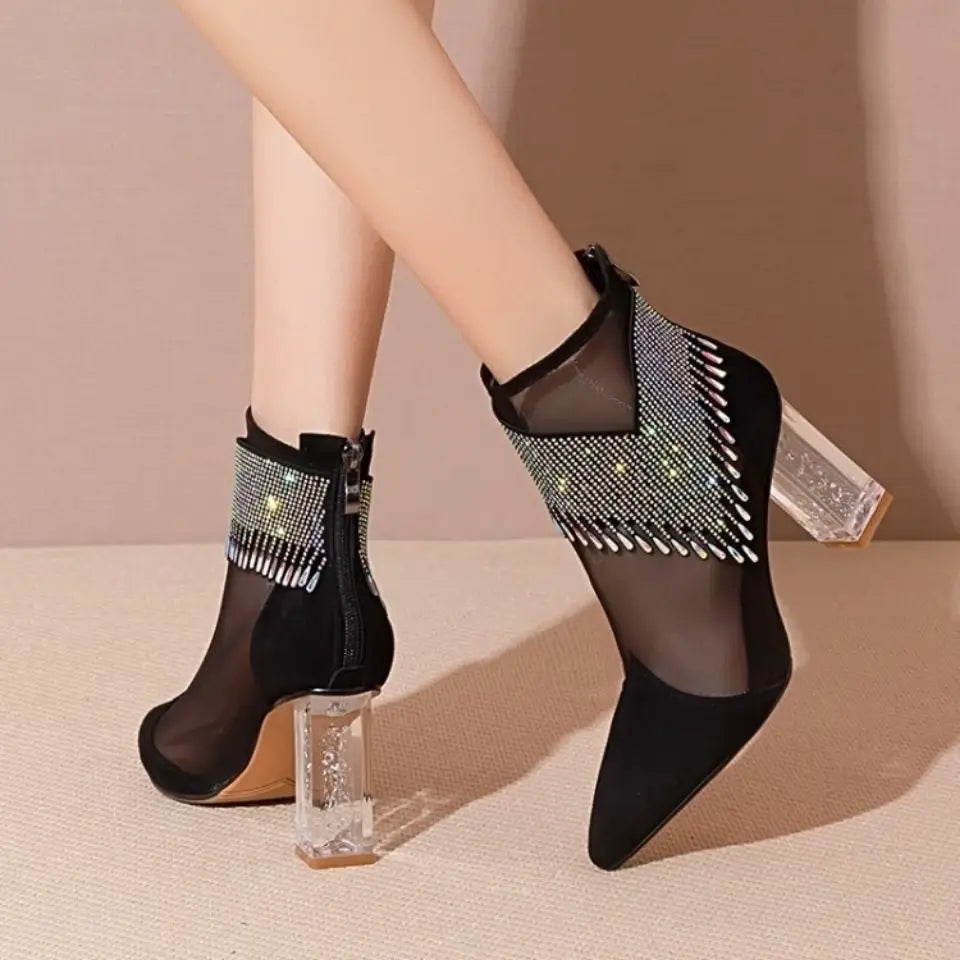 Rubber Soled Dance Boots Spring Pointy Rhine-diamond Tassel High Heel