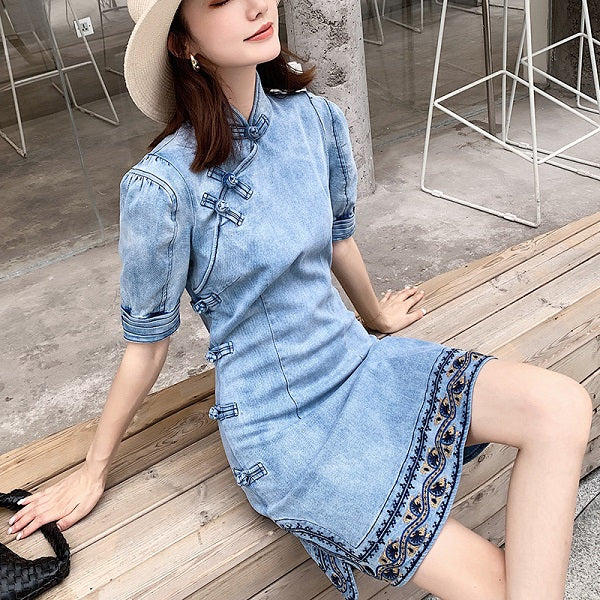 Vintage Embroidery Short Puff Sleeve Mini Denim Dresses