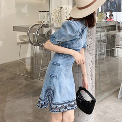 Vintage Embroidery Short Puff Sleeve Mini Denim Dresses