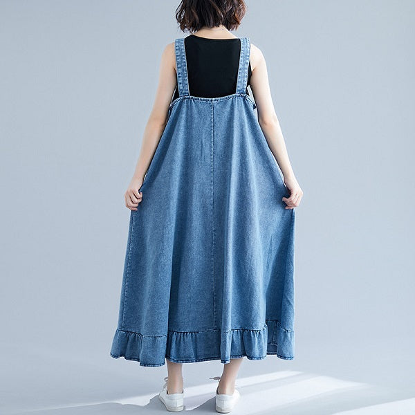 Single Breasted Cotton Denim Dresses Spaghetti Strap Jeans
