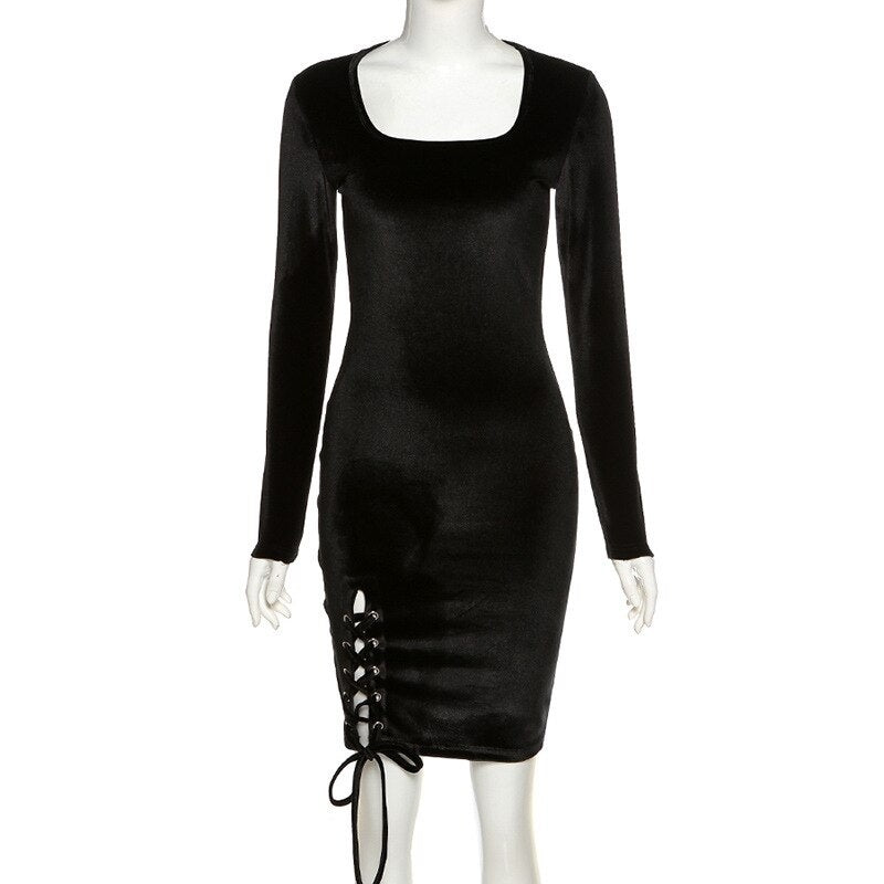 Solid Color Slim High Waist Bag Hip Slit Strap Dress