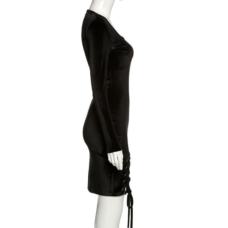 Solid Color Slim High Waist Bag Hip Slit Strap Dress