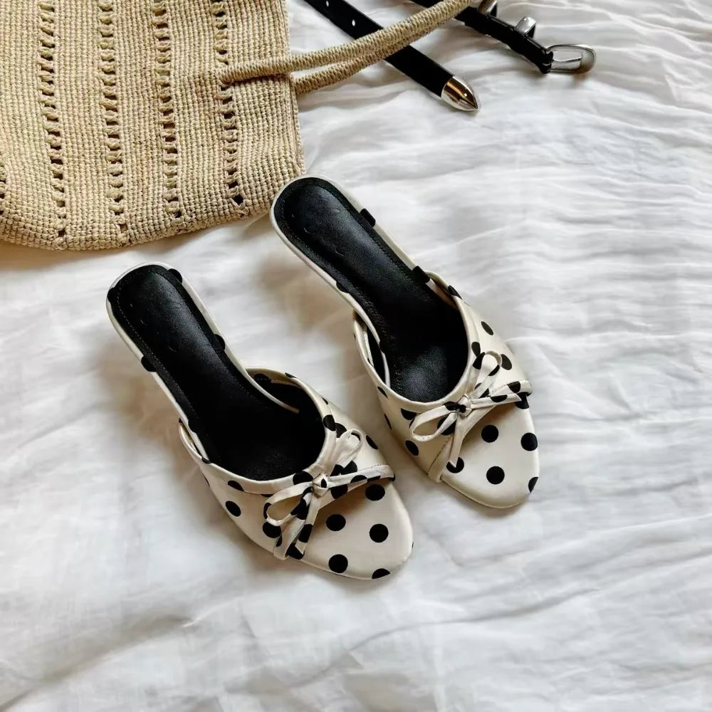 Spring Slippers Korean-Style Pointed Polka Dot Bow Stiletto Mid-Heel Low Heel