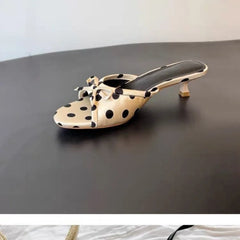 Spring Slippers Korean-Style Pointed Polka Dot Bow Stiletto Mid-Heel Low Heel