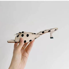 Spring Slippers Korean-Style Pointed Polka Dot Bow Stiletto Mid-Heel Low Heel