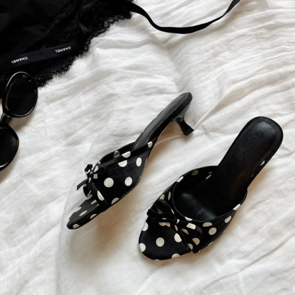 Spring Slippers Korean-Style Pointed Polka Dot Bow Stiletto Mid-Heel Low Heel