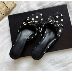 Spring Slippers Korean-Style Pointed Polka Dot Bow Stiletto Mid-Heel Low Heel