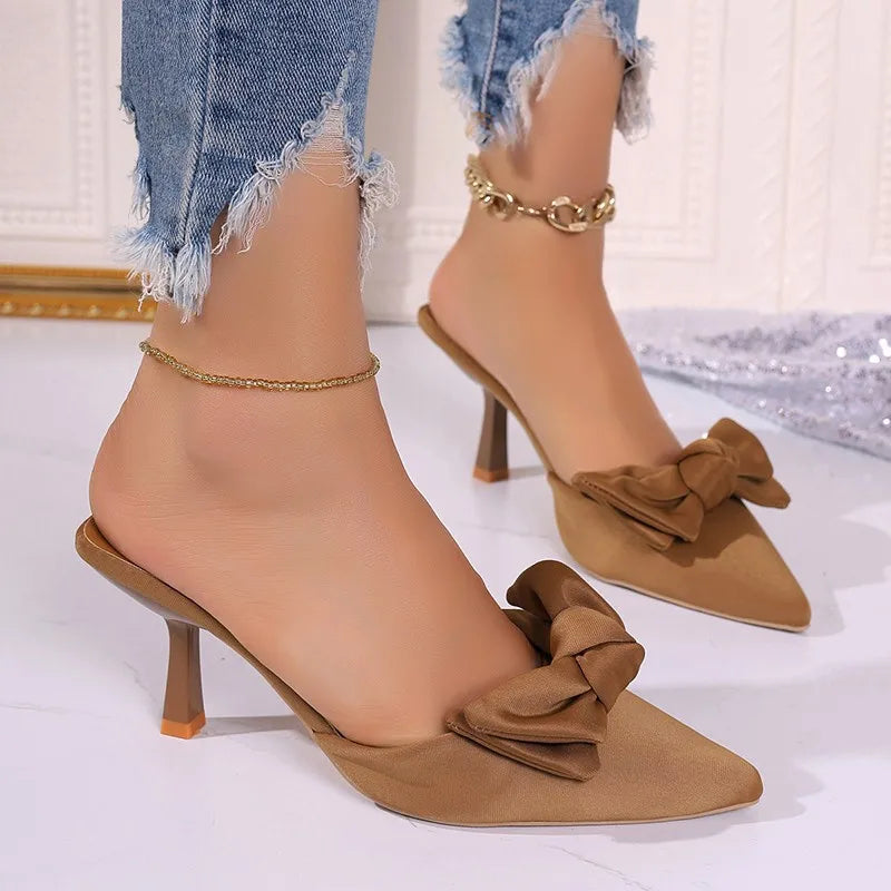 Butterfly-knot Mules Slippers Elegant Pointed Toe Thin High Heel