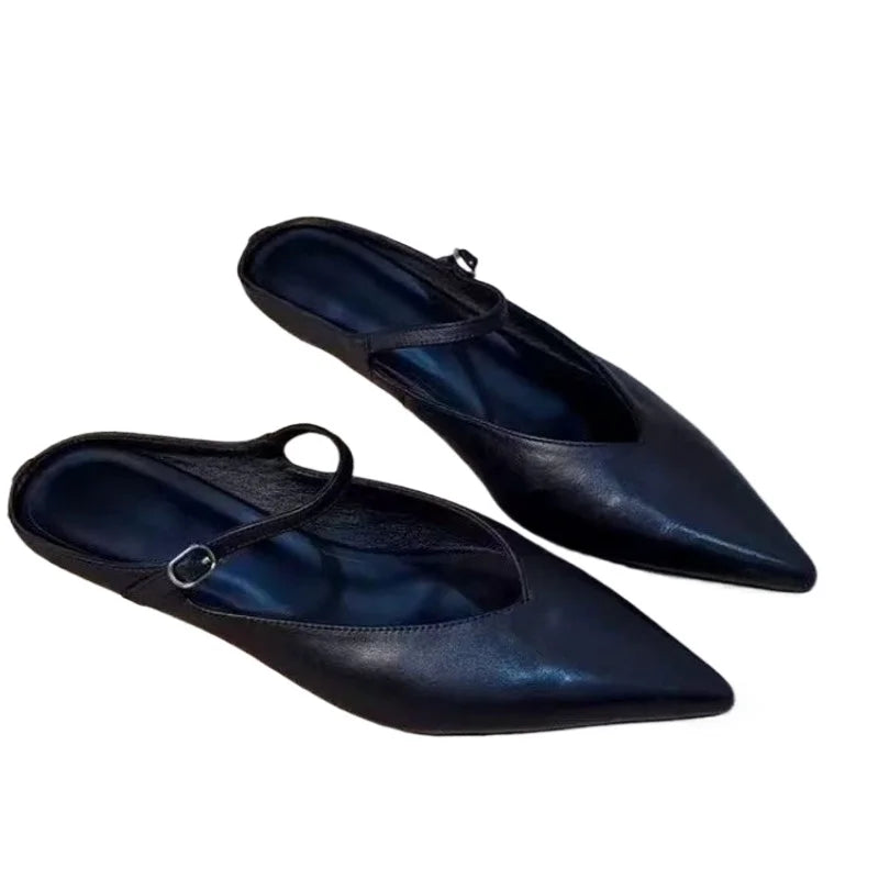 Elegant Leather Sandals Cover Toe Mules Slippers Shallow Slip-On Slides Shoes