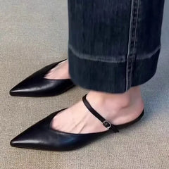 Elegant Leather Sandals Cover Toe Mules Slippers Shallow Slip-On Slides Shoes