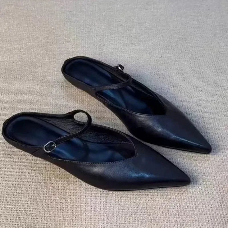 Elegant Leather Sandals Cover Toe Mules Slippers Shallow Slip-On Slides Shoes